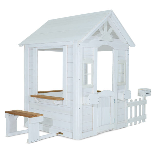 Fanno-Kids Cubby House with White Picket Fence Mailbox and Snack Bench for Outdoor Fun