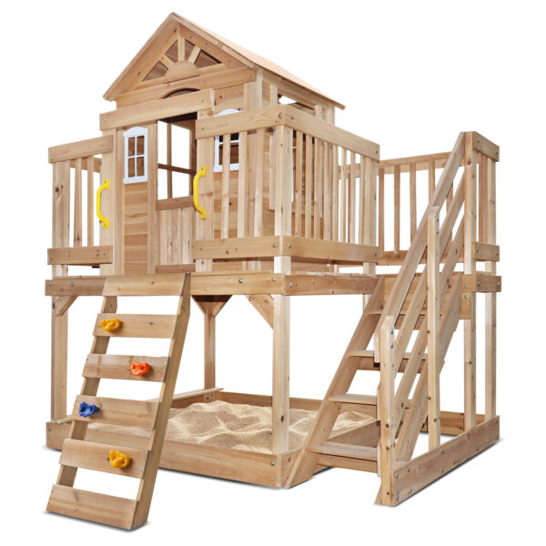 Fanno-Raised Playhouse with Climbing Wall Sandpit Kitchen and Sunburst Windows for Kids