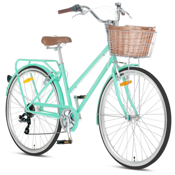 Fanno-Retro Ladies Bike 700c Steel Frame Comfortable Saddle Wicker Basket Mint Color