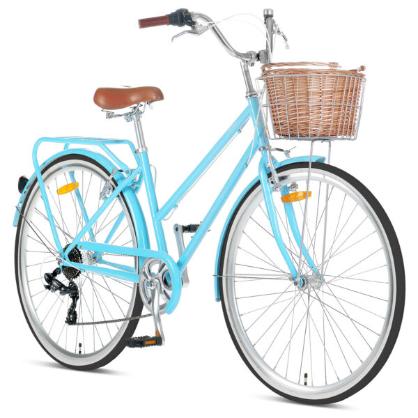 Fanno-Retro Ladies Bike 700c Steel Frame Comfortable Saddle Wicker Basket Blue