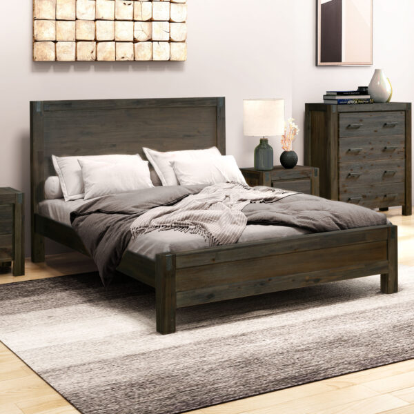 Fanno-King Size Bed Frame Solid Wood Veneered Acacia Minimalist Design Chocolate Color