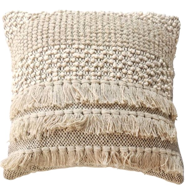 Fanno-Cream Cushion with Embroidery and Tassels 45x45 cm Decorative Throw Pillow