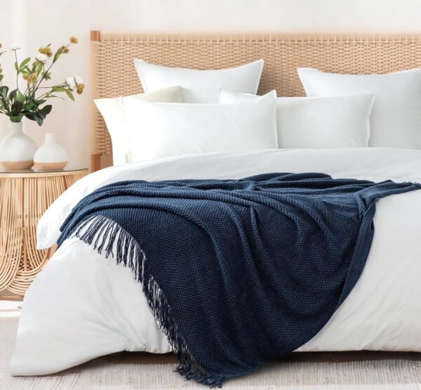 Fanno-Micro Plush Knitted Woven Throw Blanket - Navy