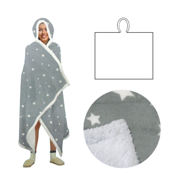 Fanno-Adult Open Blanket Hoodie Poncho Sherpa Fleece Warm Cozy Silver Star Design