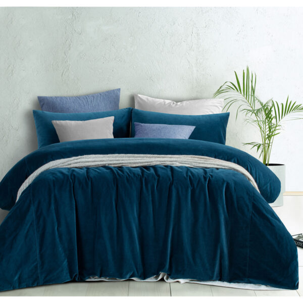 Fanno-Cotton Velvet Quilt Cover Set Riverland Blue Solid Colour Queen King Super King