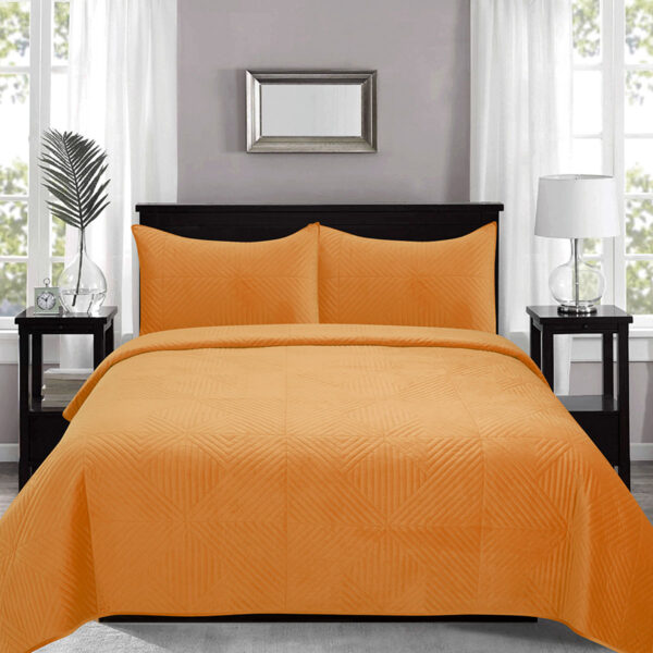 Fanno-Quilted Mustard Velvet Coverlet Set Queen King Soft Polyester Bedding Set