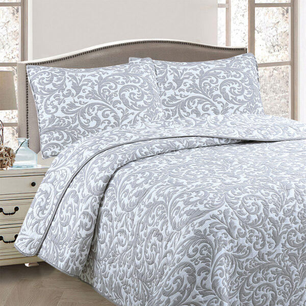 Fanno-Lightly Quilted Jacquard Reversible Coverlet Set Grey and White Queen Size Bedding