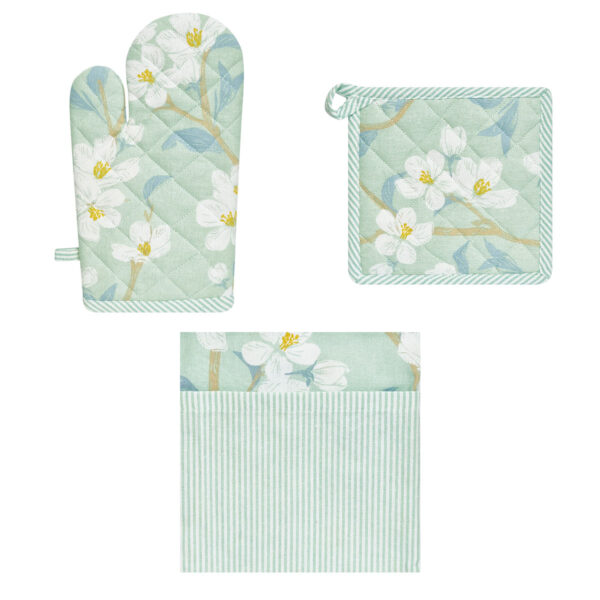 Fanno-Set of 3 Cotton Kitchen Textiles Floral Apron Oven Glove Pot Holder Mint Green