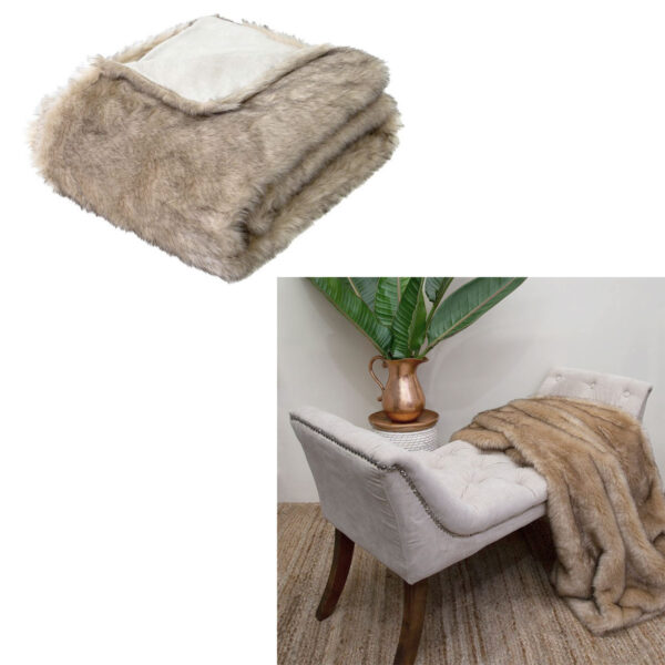 Fanno-Faux Fur Throw Blanket 130 x 160cm Soft Plush Warm Cozy Home Decor Brown Grey