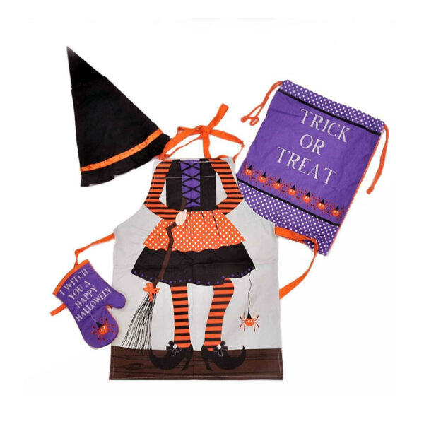 Fanno-Witchy Children Halloween Kitchen Chef Set 4 Piece Apron Mitt Hat Bag Kids