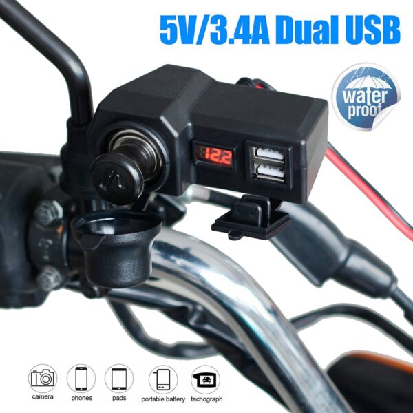 Fanno-Motorcycle Handlebar Waterproof Dual USB Phone Charger Cigarette Lighter Socket