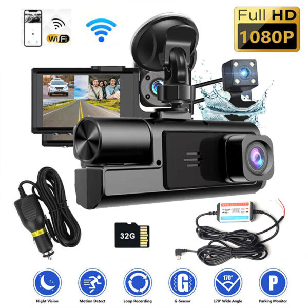 Fanno-WIFI 3 Channels Dash Cam 1080P Full HD Car Dashcam with Hardwire Kit and 32GB Card