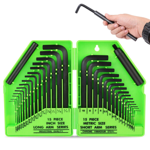 Fanno-Hex Key Set 32Pcs Allen Wrench Set Metric SAE Long Reach Chrome Vanadium Steel