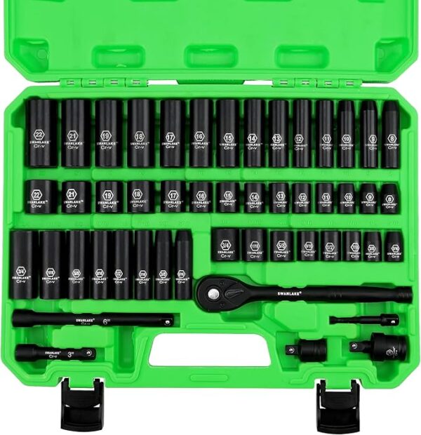 Fanno-SWANLAKE 3/8" Drive Impact Socket Set  50-Piece Standard SAE (5/16 to 3/4 inch) and Metric (8-22mm) Size  6 Point  Cr-V  3/8-Inch Ratchet Handle  Extension Bar  Universal Joint