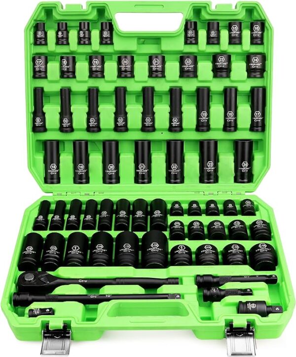 Fanno-SWANLAKE 1/2" Drive Impact Socket Set  66-Piece Standard SAE (3/8"-1-1/4") and Metric (8-24mm) Size  6 Point  Cr-V  1/2-Inch Drive Ratchet Handle  Drive Extension Bar  Impact Universal Joint