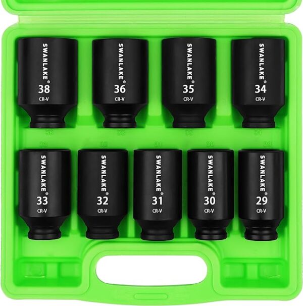 Fanno-SWANLAKE 9-Piece 1/2" Drive Jumbo Impact Socket Set  Metric 29mm-38mm Large Socksts Spindle Axle Nut Impact Socket  CR-V Black