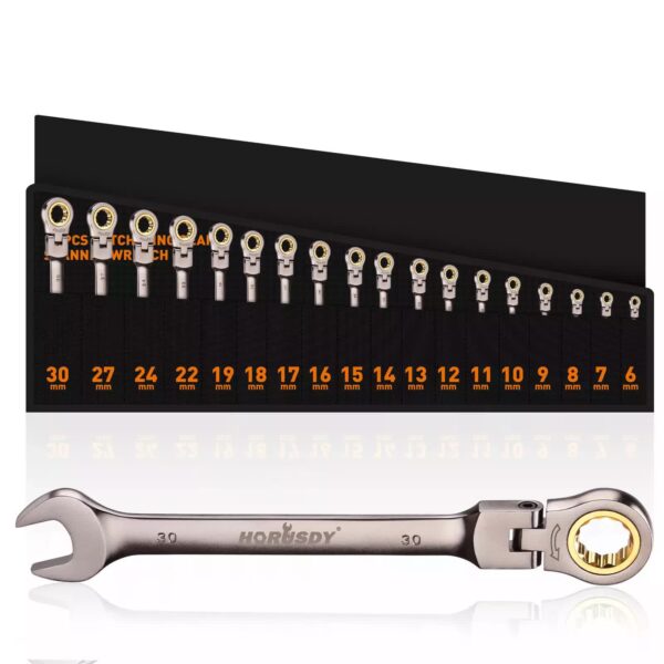 Fanno-HORUSDY 18Pc Flexi-Head Ratchet Spanner Set Metric 6-30mm Spanners Nickle Plated