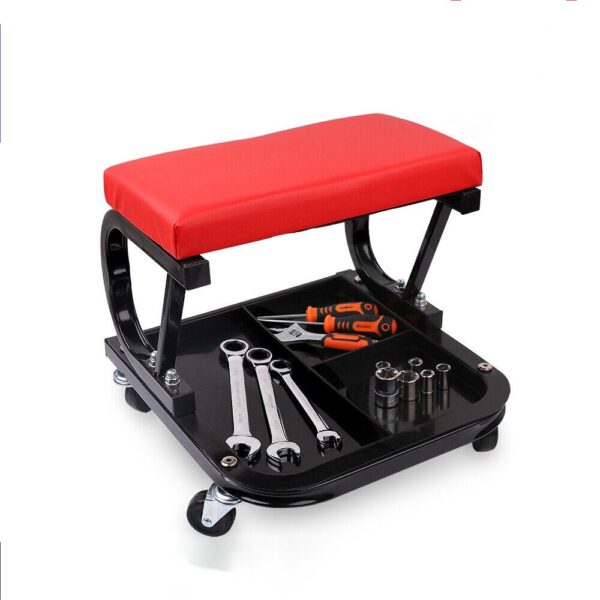 Fanno-Rolling Creeper Seat Mechanic Stool Garage Repair Tool with Storage Tray Black Red