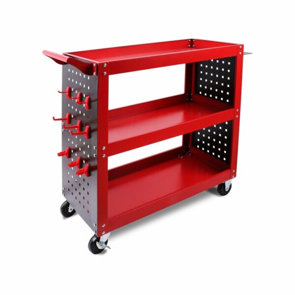 Fanno-Red 3-Tier Tool Cart Storage Trolley with Locking Drawer and Pegboard Hooks 150kg