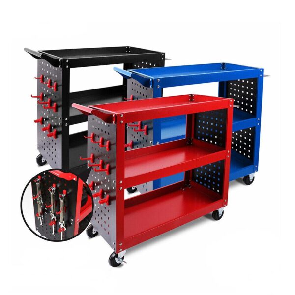 Fanno-3-Tier Rolling Tool Cart with Pegboard Hooks and Heavy Duty Steel Construction