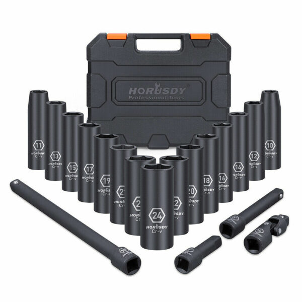 Fanno-19Pc Deep Socket Set Impact 1/2 Inch Drive with Extensions and Storage Case 10-24mm