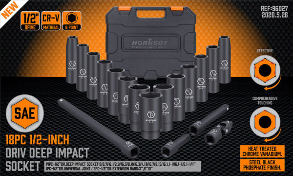 Fanno-18 Piece Deep Impact Socket Set with Extensions and Storage Case for Mechanics