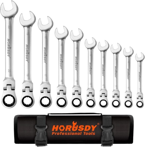 Fanno-10 Piece Flex Head Ratchet Wrench Set Metric Chrome Vanadium with Carry Pouch 8-22MM