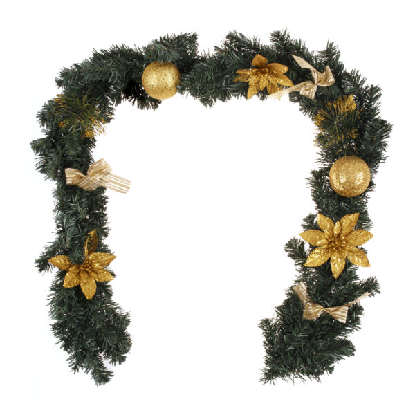 Fanno-Pine Green Christmas Garland 1.8m with Gold Balls Flowers Bows Holiday Decor