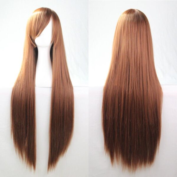 Fanno-80cm Straight Long Full Hair Wig with Side Bangs for Women Cosplay Brown