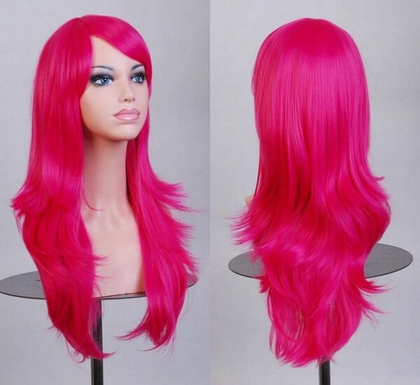 Fanno-70cm Wavy Curly Hot Pink Lady Wig with Side Bangs for Cosplay and Fashion