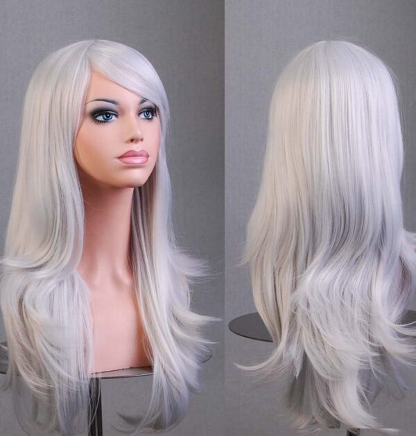 Fanno-70cm Wavy Curly Lady Hair Wig with Side Bangs for Cosplay and Costume Silver