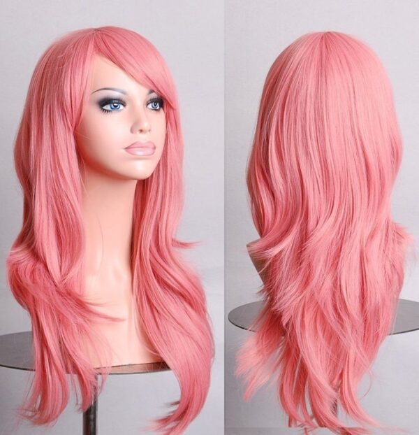 Fanno-70cm Wavy Curly Lady Hair Wig with Side Bangs for Cosplay and Costume Pink