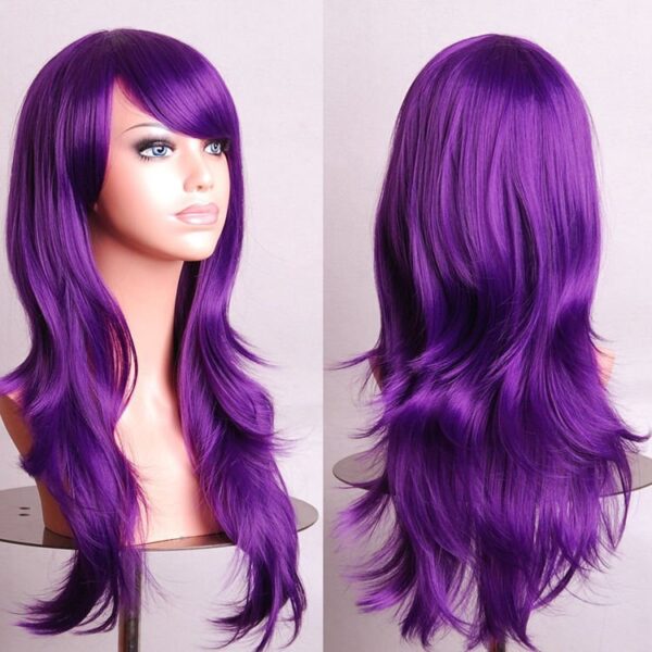 Fanno-70cm Wavy Curly Purple Lady Hair Wig with Side Bangs for Cosplay and Costume