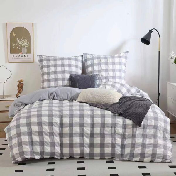 Fanno-Checked Seersucker Duvet Cover Set Soft Microfiber Luxury Bedding for Bedroom