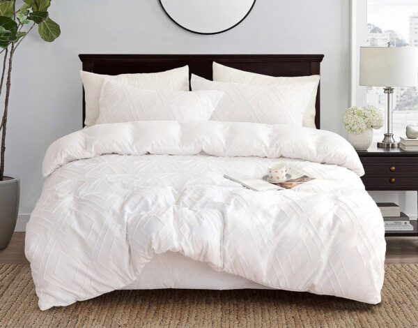 Fanno-Tufted Embroidery Duvet Cover Set Soft Microfiber Bedding Queen Size White