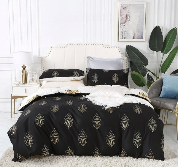 Fanno-Reversible Queen Size Black Gold Quilt Cover Set Soft Polyester Bedding