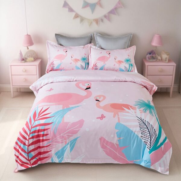 Fanno-Flamingo Kids Quilt Cover Set Soft Polyester Tropical Design for Bedroom Decor