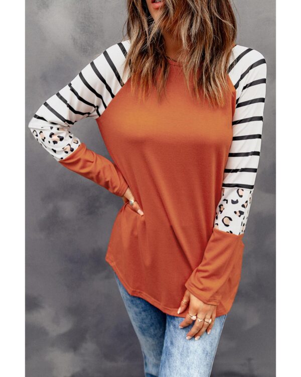 Fanno-Stylish Striped Animal Print Long Sleeve Top for Women with Colorblock Design