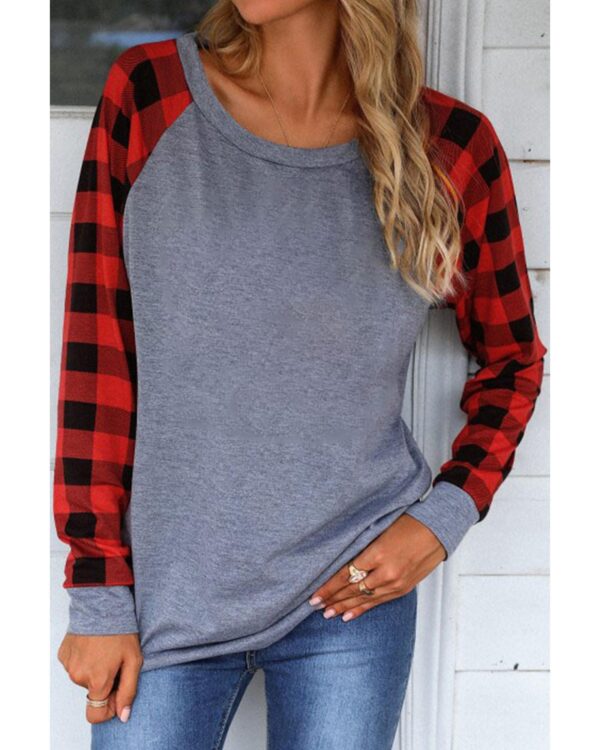 Fanno-Plaid Long Sleeve Top with Raglan Sleeves Comfortable Fit for Versatile