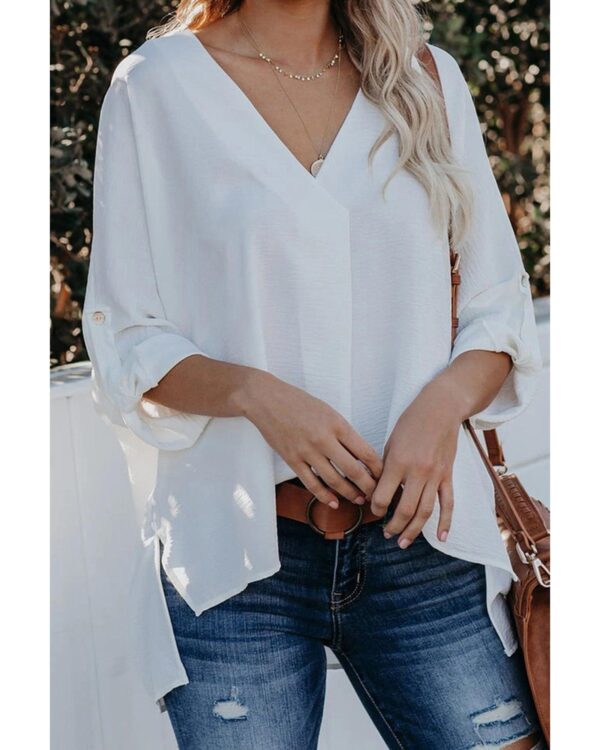 Fanno-Womens V Neck 3/4 Sleeve High Low Hem Shirt Comfortable Trendy Casual Top