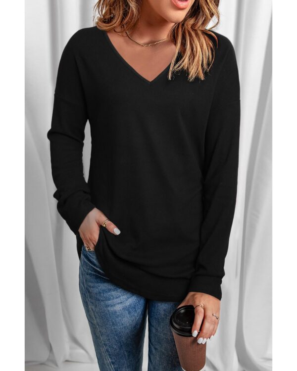 Fanno-Solid Color V Neck Long Sleeve Knit Top for Women Stylish and Versatile Wardrobe Essential