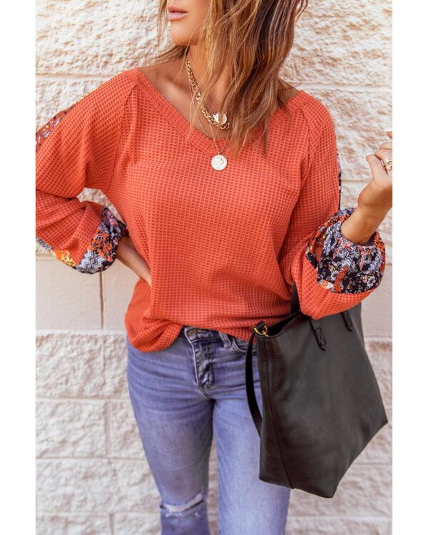 Fanno-Orange Eyelet Thermal Knit Top for Women Warm Comfortable Versatile Fashion