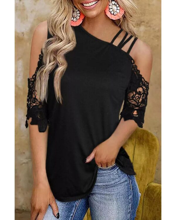 Fanno-Lace Splicing Strappy Cold Shoulder Top for Women Stylish Evening Wear Size M