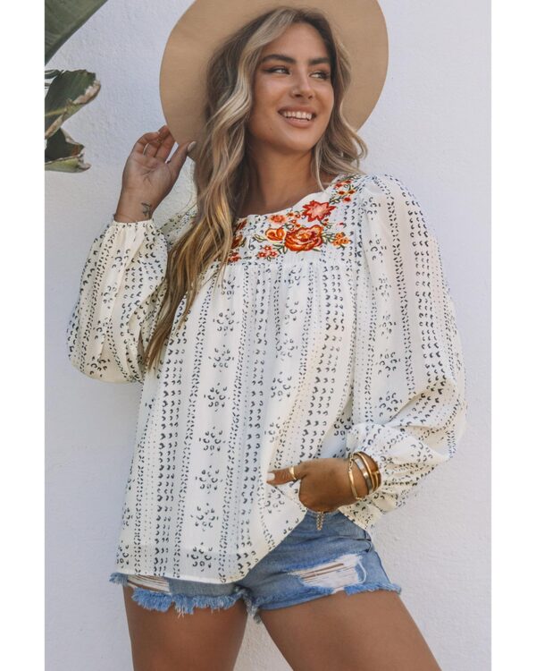 Fanno-Beige Long Sleeve Blouse Comfortable Embroidered Print Stylish Versatile Layering