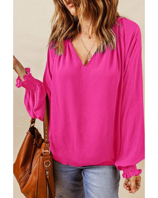 Fanno-Pleated V Neck Puffy Sleeve Blouse Stylish Comfortable Flattering for All Occasions