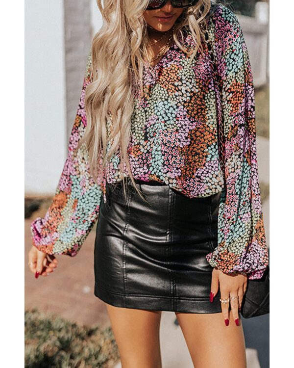 Fanno-Multicolor Floral Tie V Neck Puff Sleeve Blouse for Women Casual or Formal Wear