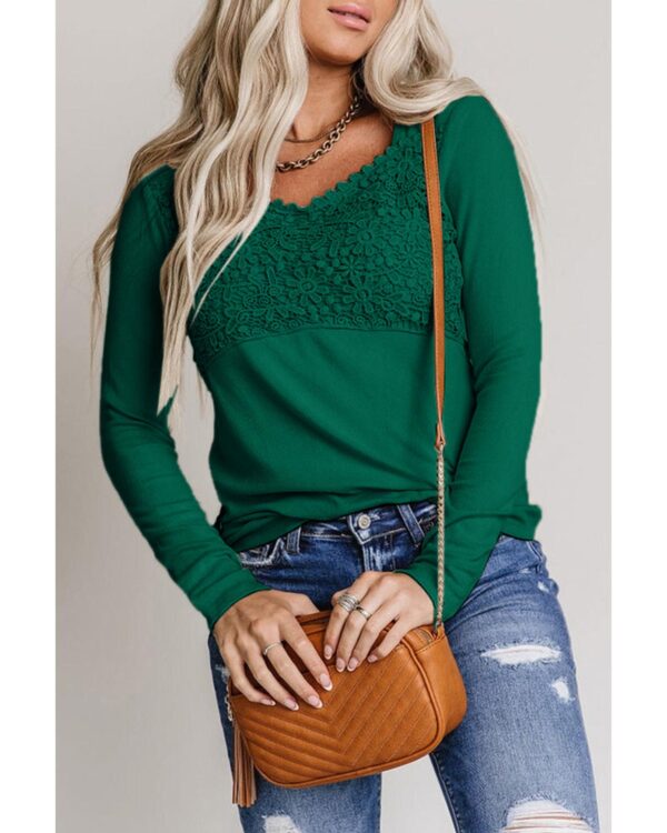 Fanno-Lace Crochet V Neck Long Sleeve Top for Women Elegant Stylish Versatile Fashion