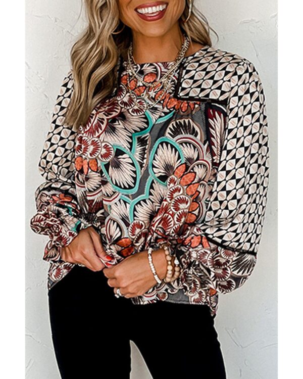 Fanno-Mixed Floral Geometric Print Ruffled Long Sleeve Blouse for Stylish Day and Evening Wear