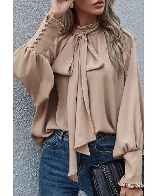 Fanno-Khaki Blouse with Frilled Mock Neck and Bishop Sleeves for Casual and Formal Wear