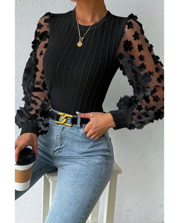 Fanno-Womens Textured Knit Blouse with Floral Applique Mesh Sleeves for Special Occasions